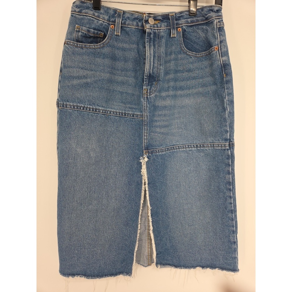 BDG Denim Midi Skirt Medium Blue Long Front Slit Raw Hem‎